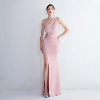 Sexy One-Shoulder Soft Satin Pleated Dress with Beading - Long Evening Party Maxi Dress with Slit for Women