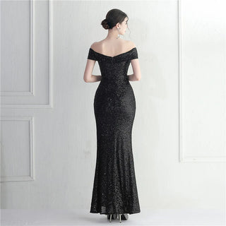 Slash Neck Black Sequin Evening Dress with Sexy Slit - Luxury Sleeveless Cocktail Party Prom Dress