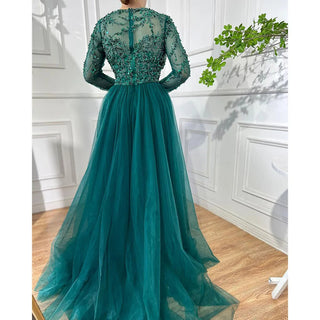 Ships in 1 to 3 Days - Muslim Green Elegant Mermaid Lace Beaded Luxury Long Evening Dress Gown for Women Wedding Party 2024