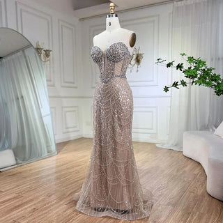 Nude Strapless Mermaid Luxury Evening Dress - Beaded Arabic Design for Women's Wedding Party