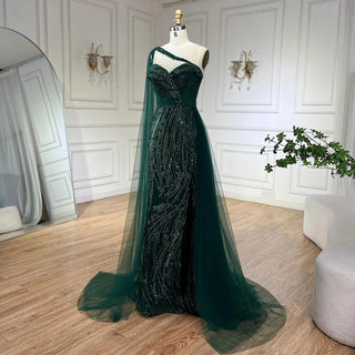 2024 Green One Shoulder Mermaid Evening Dress with Cape Overskirt: Perfect for Women's Wedding Party and Long Prom Formal Events