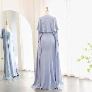 Arabic Blue Mermaid Evening Dress with Cape Sleeves 2024 Luxury Beaded Dubai Women Wedding Guest Party Gowns