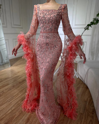 Ships in 1 to 3 Days - 2024 Luxury Peach Mermaid Evening Dress - Flared Sleeves Beaded Feather Gown for Women’s Parties