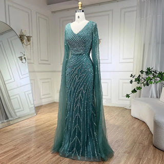 Arabic Mermaid Blue Beaded Elegant Cape Sleeves Luxury Evening Dress Gown for Women Wedding Party 2024