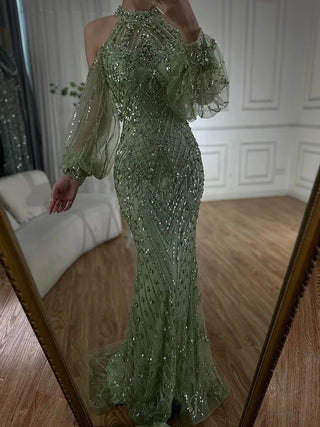 Ships in 1 to 3 Days - 2024 Elegant Sage Green Halter Neck Beaded Luxury Mermaid Evening Dress for Formal Occasions - Saudi