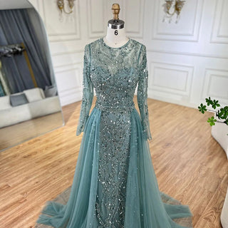 Ships in 1 to 3 Days - Arabic Turquoise Mermaid Gown with Tulle Overskirt and Beaded | Evening Gowns for Women - Wedding Party