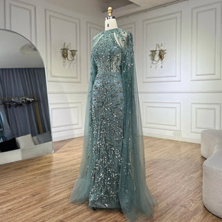 2024 Arabic Turquoise Cap Sleeve Mermaid Beaded Luxury Dubai Evening Dress Gown for Women Wedding Party