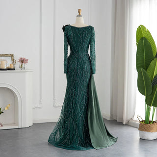 Dubai Splendor: Emerald Green Mermaid Evening Dress with Overskirt and Gold Arabic-inspired Elegance for Women's Weddings and Formal Affairs.