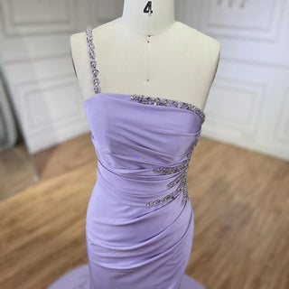 2024 Arabic Elegant Lilac Satin Mermaid Evening Dress - One Shoulder Beaded Women's Party Gown with High Slit