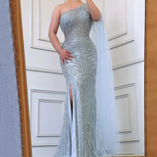 Lilac High Split Mermaid Elegant One Shoulder Evening Dress - Luxury Beaded Gown for Women's Party 2024