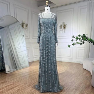 Arabia Gray Mermaid Floor-Length Evening Dress - Luxury Beaded Cut Out Gown for Women's Wedding Party