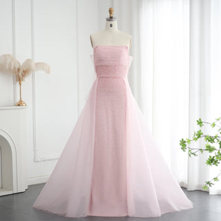 Luxury Dubai Beaded Pink Evening Dress with Overskirt Gloves Elegant Women Arabic Wedding Formal Party Gown