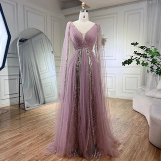 Luxury Dubai Wedding Party Gowns: Elegant Pink Evening Dress with Cape Sleeves for Arabic Women in Sage Green and Yellow