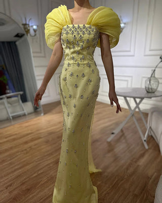 Ships in 1 to 3 Days - 2024 Elegant Yellow Saudi Arabic Ankle-Length Evening Gown - Beaded Dress for Formal Occasions