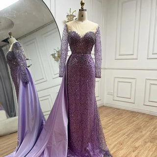 Mermaid Evening Dress Gown with Overskirt and Pearls Beaded Detailing