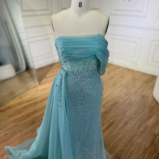 Turquoise Luxury Evening Dress with Side Train - Pearls One Shoulder Gown for Women's Formal Prom Wedding Party