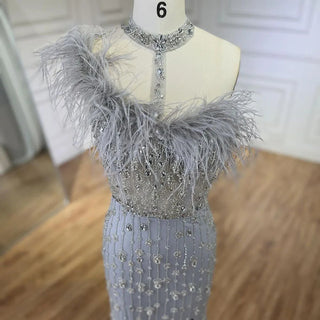 Gray Elegant Halter Feathers Beaded Luxury Mermaid High Split Evening Dress: Party Gown for Women