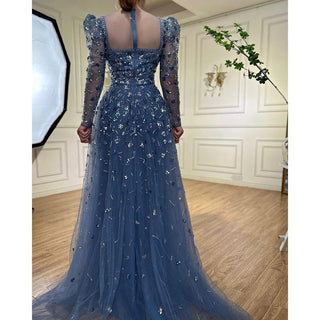 Ships in 1 to 3 Days - Blue Opulence: 2024 Muslim A-Line Evening Dress with Luxury Beading - Perfect for Women's Parties