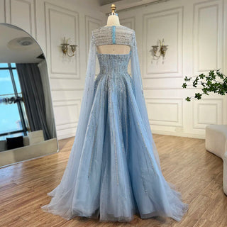 2024 Arabic Blue Cape Sleeves A-Line Beaded Evening Dress | Long Celebrity Gown for Women's Wedding Party