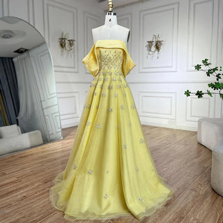 Ships in 1 to 3 Days - Luxury Dubai Arabic Yellow Evening Dress - Elegant Boat Neck Party Gown for Women's Wedding