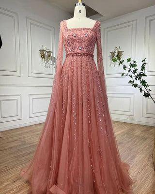 Pink Elegance: 2024 A-Line Dubai Evening Gown with Square Collar and Beading