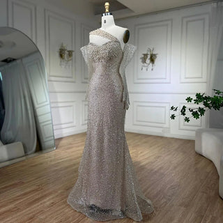 Ships in 1 to 3 Days - 2024 Arab Nude One Shoulder Mermaid Evening Dress: Elegant Luxury Gown with Beading for Women's Party