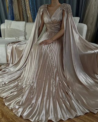 Ships in 1 to 3 Days - 2024 Nude Beaded Satin A-Line Evening Gown with Cape Sleeves - Saudi Arabic Formal Dress