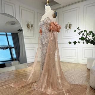 Ships in 1 to 3 Days - 2024 Arabic Pink Strapless Beaded Mermaid Evening Gown Vintage Half Puff Sleeve Dress for Women's Party