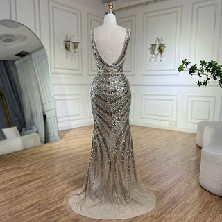 2024 Gold Mermaid Spaghetti Strap Side Slit Beaded Luxury Evening Dresses Gowns for Women Wedding Party