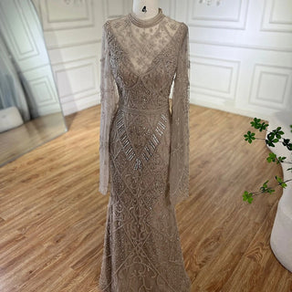 Muslim Nude Mermaid Evening Dress with Beaded Bell Sleeves for Formal Occasion