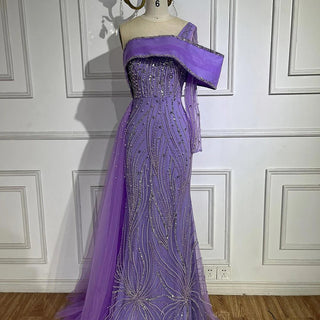 Ships in 1 to 3 Days - Arabic Lilac Evening Dress with Side Train and Pearl-Adorned One Shoulder - Women's Formal Prom Wedding Party Gown (2024)