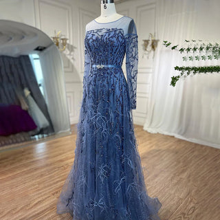 Blue Elegance: 2024 Muslim A-Line Evening Dress with Lace, Beading, Feathers, and Arabic Luxury