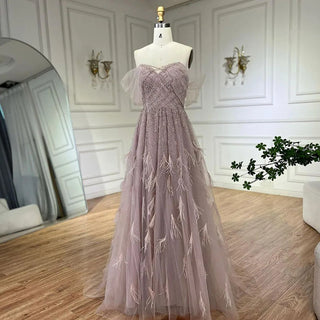 Luxury Feather Pink Dubai Evening Dresses: Elegant Off-Shoulder, Beaded Champagne Formal Dress for Women at Weddings