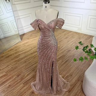 Ships in 1 to 3 Days - 2024 Off-The-Shoulder Pink Mermaid Beaded Luxury Evening Gown with Side Split for Formal Saudi Occasions