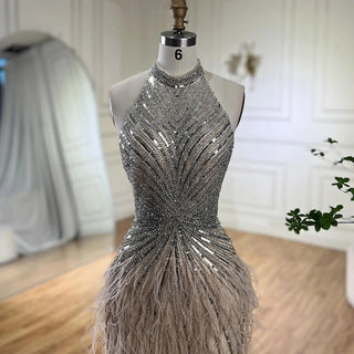 Ships in 1 to 3 Days - Dubai Halter Beige Feathers Beaded Formal Luxury Mermaid Evening Dress for Women Wedding Party 2024