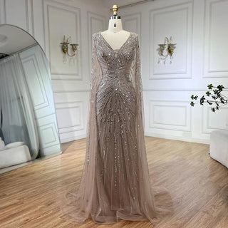 Ships in 1 to 3 Days - Arabic Silver Mermaid Cape Sleeves Beaded Evening Dress Luxury Gown 2024 for Women Wedding Party