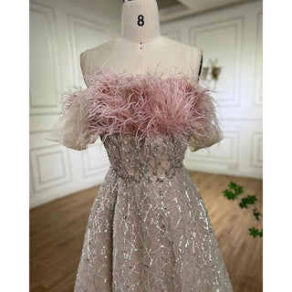 Blush Pink Sleeveless A-Line Boat Neck Beaded Luxury Feathers Evening Dress - 2024 Collection