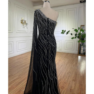 Black Mermaid Elegant Cape Sleeves Beaded Luxury Evening Dress Gown for Women's Arabic Party 2024