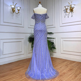 Ships in 1 to 3 Days - 2024 Elegant Blue Mermaid Evening Gown: Sexy Boat Neck with Split and Arabic-Inspired Beading for Women's Wedding Parties