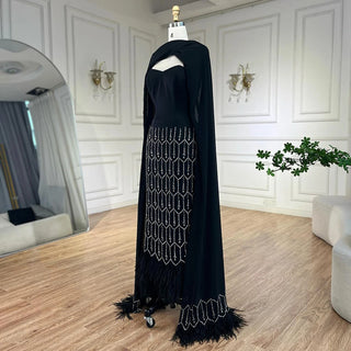 Ships in 1 to 3 Days - Bling Black Mermaid Arabic Evening Dress with Cape Feather Prom Formal Dresses for Women's Wedding Party Gowns