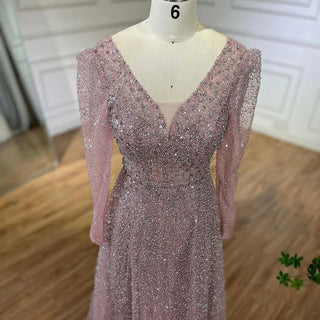 Arabic Pink A-Line Elegant Long Sleeves Evening Dress - Luxury Beaded Gown for Women's Wedding Party 2024