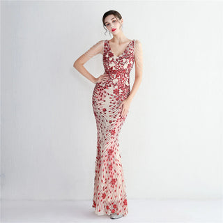 Sexy V-Neck Red Sequin Beaded Prom Dress - Evening Party Maxi Dress for Women