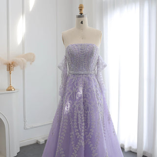 Luxury Dubai Beaded Arabic Lilac Evening Dress with Sleeves and Strapless Design - Women’s Wedding Party Gown