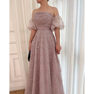 Arabic Pink A-Line Strapless Evening Gown: Beaded Long Dress for Women's Wedding Party 2024