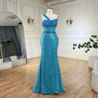 Ships in 1 to 3 Days - Luxury Blue One-Shoulder Mermaid Evening Dress - Dubai Gown with Beading for Women's Party 2024