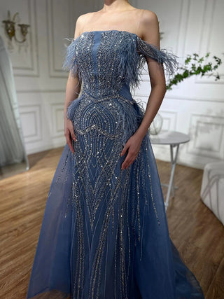 Ships in 1 to 3 Days -2024 Blue Mermaid Gown with Luxury Feathers, Beading, and Overlay Skirt - Saudi Evening Dress for Formal Occasions