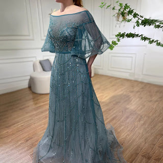 Turquoise A-Line Luxury Beaded Long Flare Sleeves Evening Dresses Gowns 2024 - For Women's Wedding Party