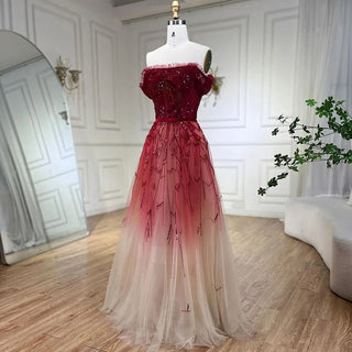 Gradual Change Red A-Line Elegant Evening Dress 2024 - Beading Sequins, Boat Neck Formal Dress Design