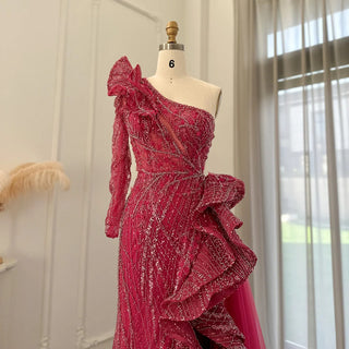 Vibrant Vision: Dubai-Inspired 2024 Fuchsia One-Shoulder Evening Gown with Side Slit - A Luxurious Mermaid Prom and Wedding Attire.