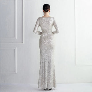 Sexy Silver Sequin Party Maxi Dress with Slit - Long Sleeve Evening Prom Dress for Women